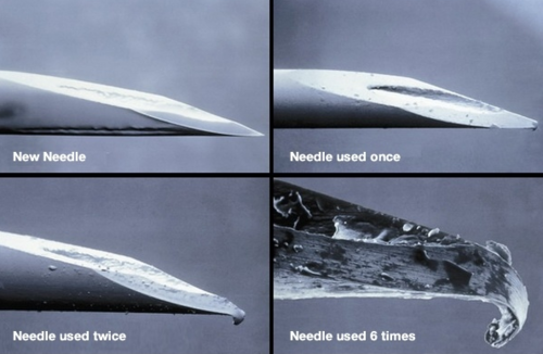 This image shows how a needle degrades after repeated use.