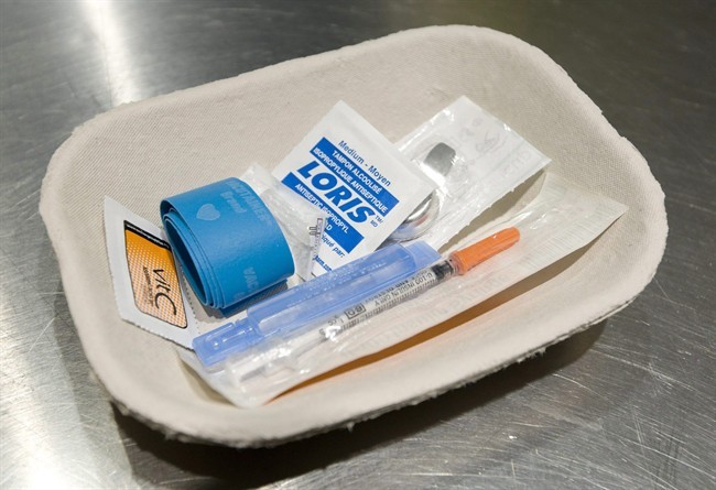 A typical safer injection kit provided by harm reduction organizations.