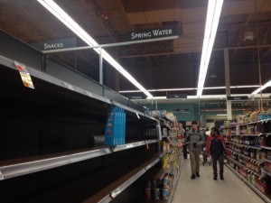 The "spring water" shelves were cleared out by 4 p.m. on Monday. (Photo by Sylvia Cunningham)