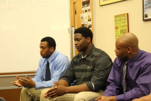 From left, Jordan Floyd, Folorunso Fatukasi and Marquise Vann speak at the Behind the Face Mask panel. (Photo by Danielle Chaloux)