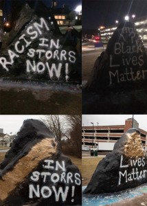 The words "racism" and "black" were spray painted over only hours after the messages "Racism in Storrs Now" and "Black Lives Matter" were originally written. (Photos courtesy Residents for Social and Justice and Ryan King)