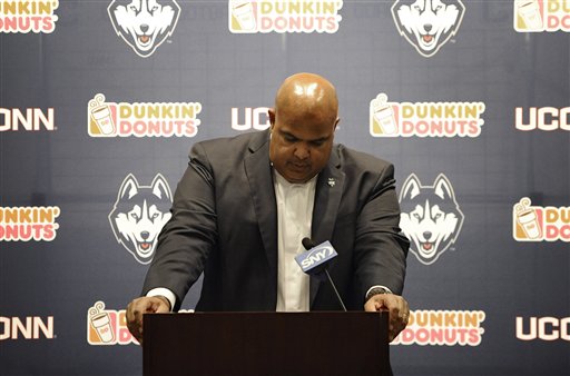 Former Connecticut Athletic Director Warde Manuel speaks during an NCAA college football news conference. (AP Photo/Jessica Hill)