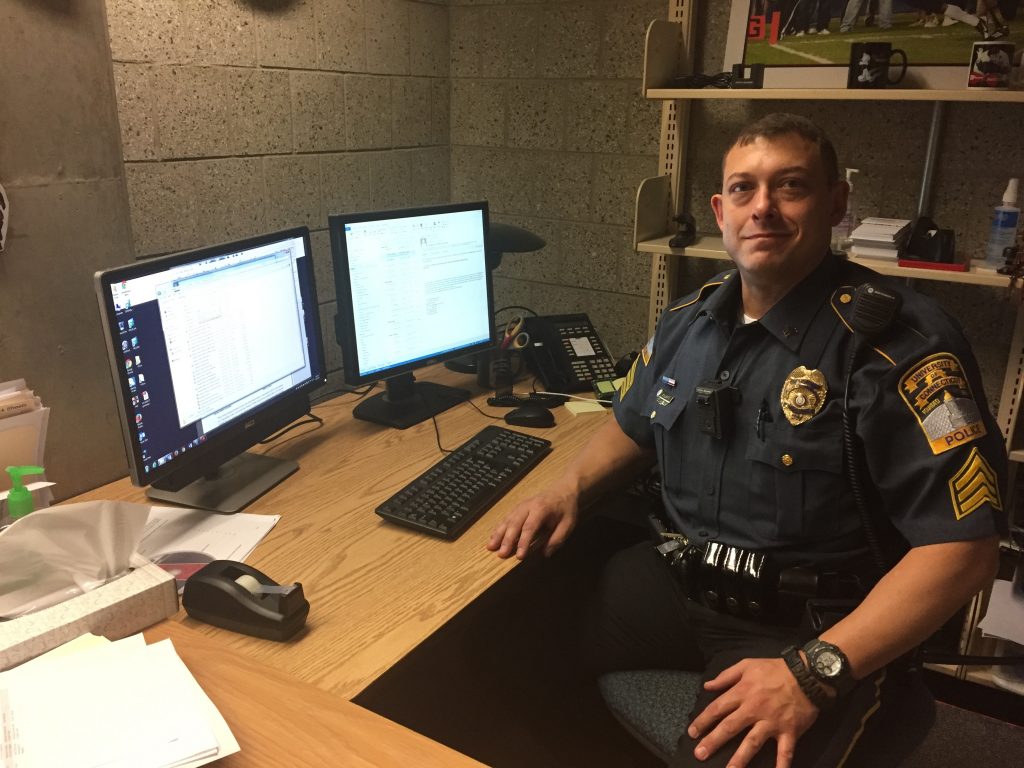 UConn Police Sergeant Jason Hyland in the Homer Babbidge Library office. 